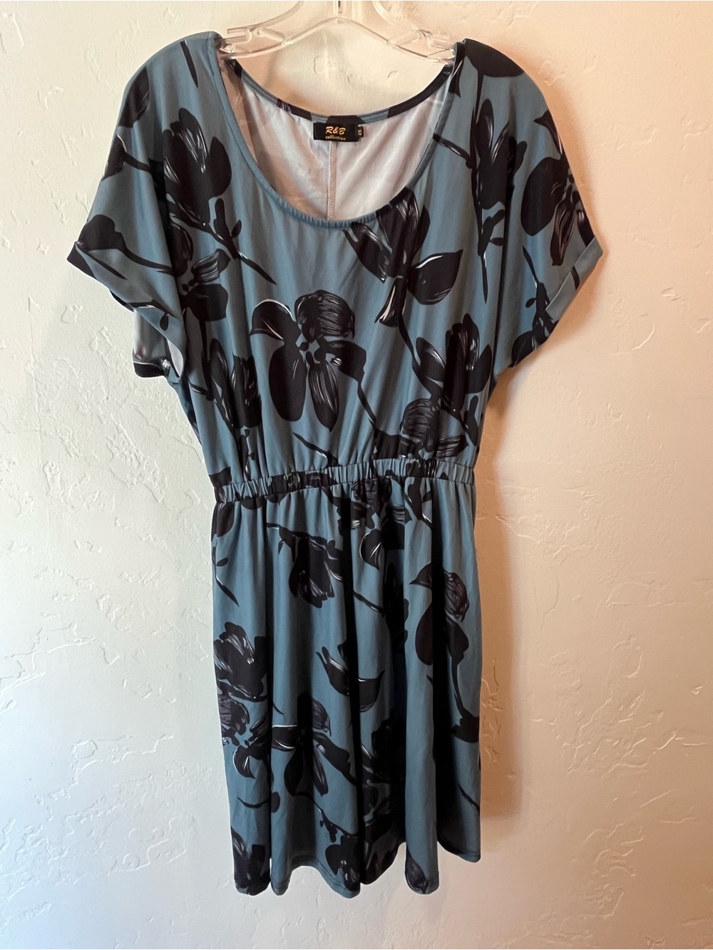 Blue Floral Short Sleeve Elastic Waist Dress